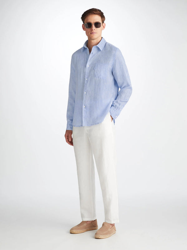 Derek Rose Men's Shirt Monaco Linen Blue Light Blue