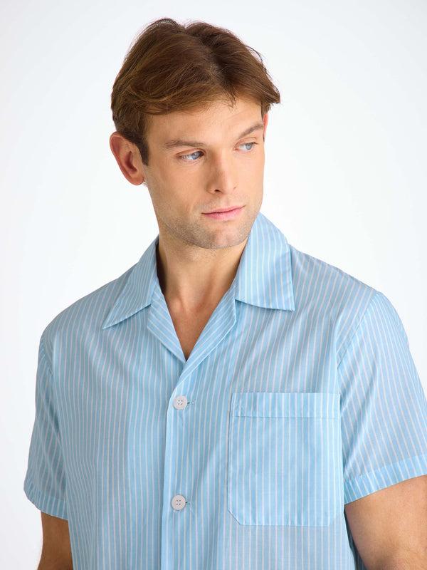 Derek Rose Men's Short Pajamas Amalfi 21 Cotton Batiste Blue Light Blue