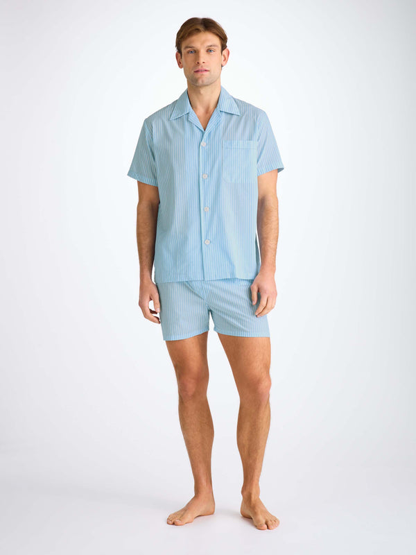 Derek Rose Men's Short Pajamas Amalfi 21 Cotton Batiste Blue Light Blue