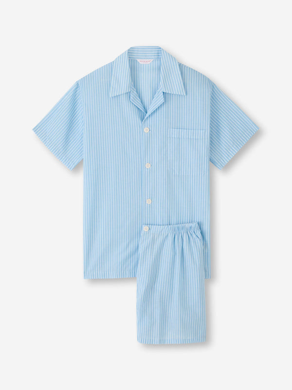derek rose Men's Short Pajamas Amalfi 21 Cotton Batiste Blue Light Blue