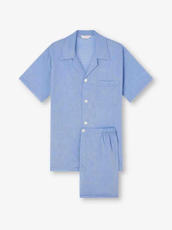 derek rose Men's Short Pajamas Amalfi Cotton Batiste Blue Mid Blue
