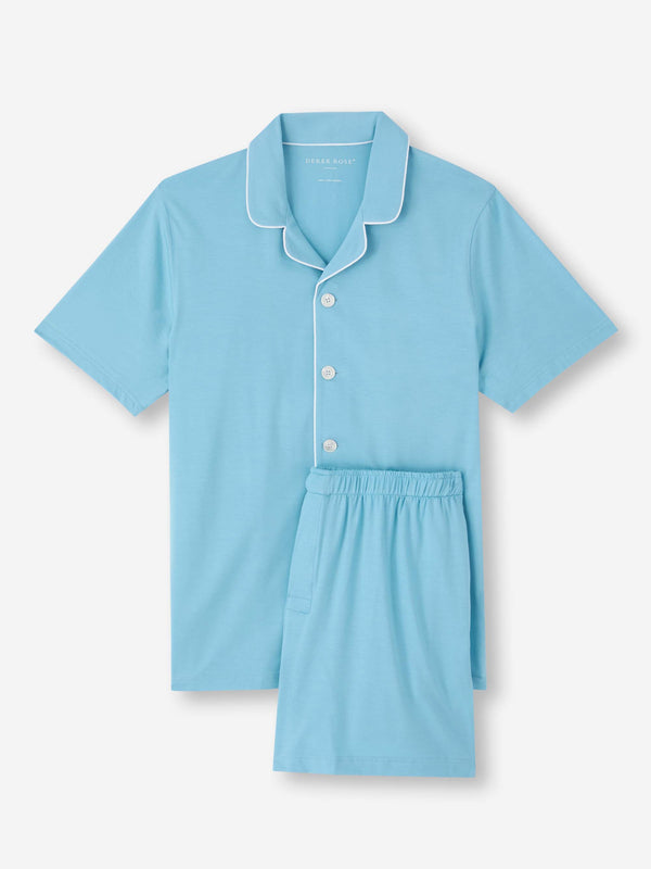 derek rose Men's Short Pajamas Basel Micro Modal Stretch Ocean Blue Ocean Blue