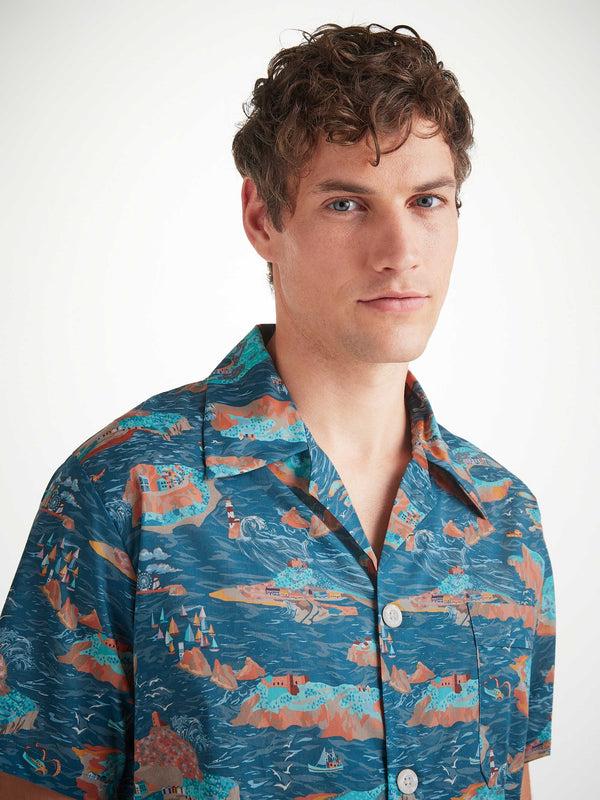 Derek Rose Men's Short Pajamas Cotton Batiste Multi Fisherman's Scenic Print Multi