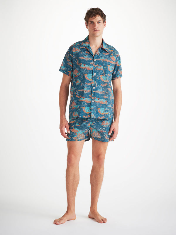 Derek Rose Men's Short Pajamas Cotton Batiste Multi Fisherman's Scenic Print Multi