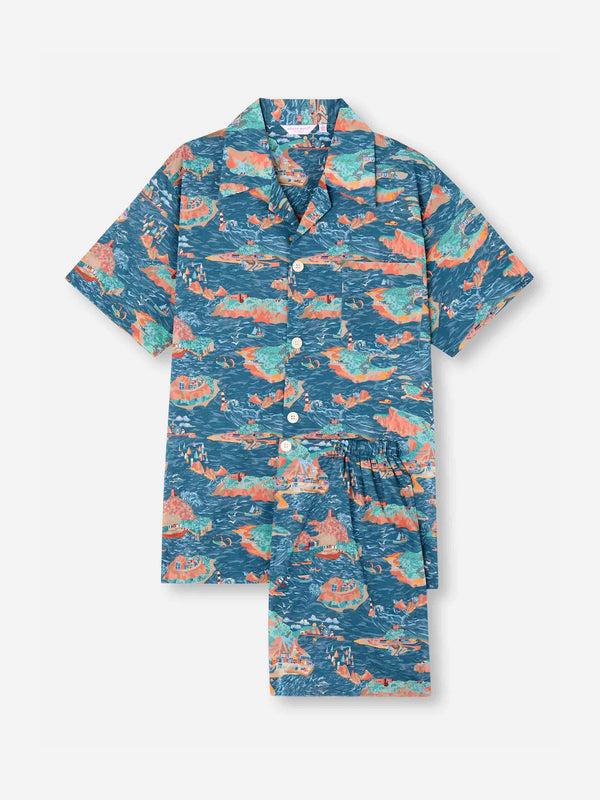 derek rose Men's Short Pajamas Cotton Batiste Multi Fisherman's Scenic Print Multi