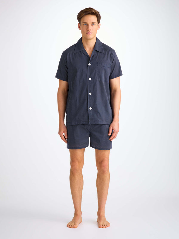 Derek Rose Men's Short Pajamas Cotton Batiste Navy Pin Dot Print Navy