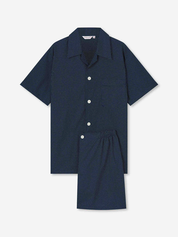 derek rose Men's Short Pajamas Cotton Batiste Navy Pin Dot Print Navy