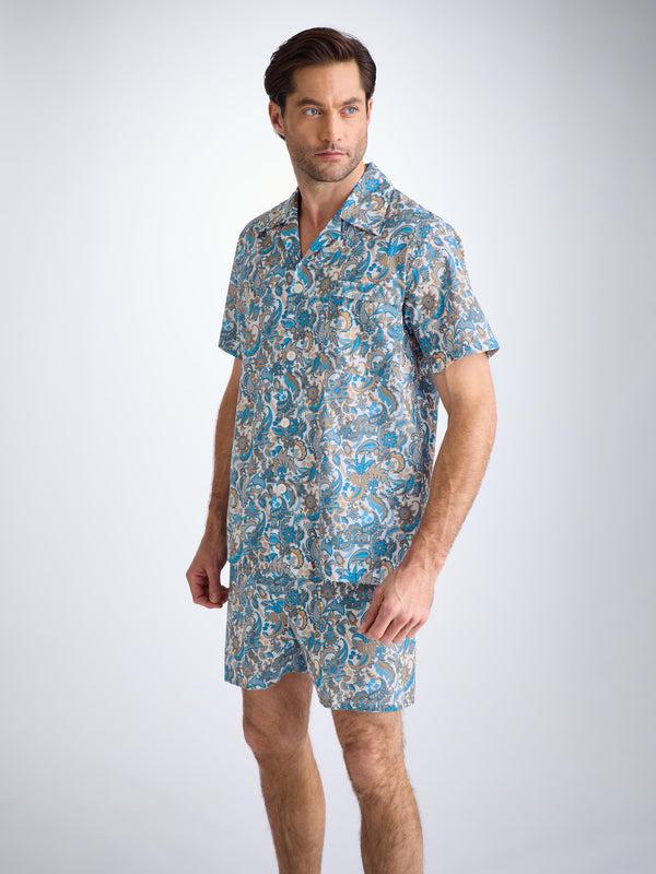 Derek Rose Men's Short Pajamas Cotton Batiste White Jungle Paisley Print White