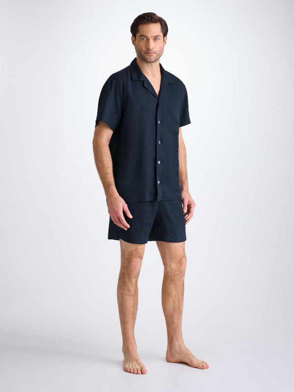 Derek Rose Men's Short Pajamas Sicily Linen Navy Navy