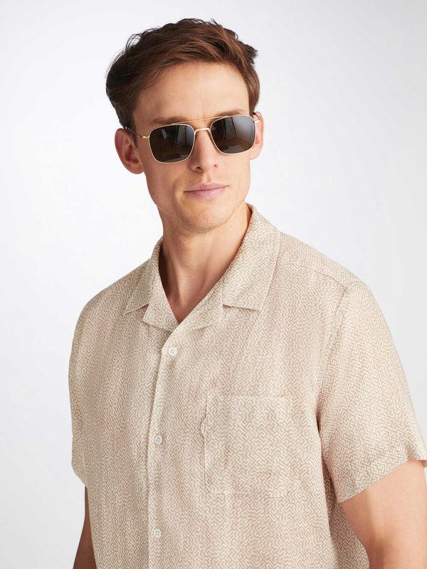 Derek Rose Men's Short Sleeve Shirt Milan 24 Linen Sand Sand