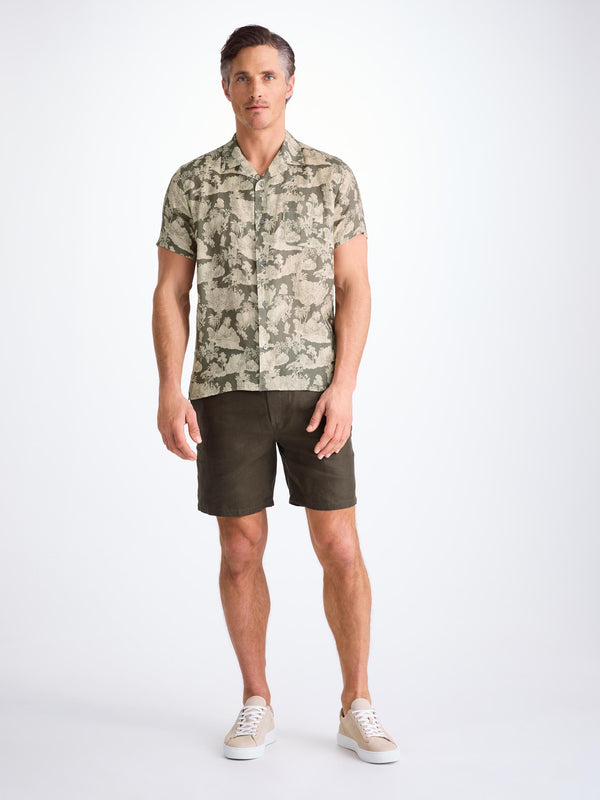 Derek Rose Men's Short Sleeve Shirt Milan 26 Linen Khaki Khaki