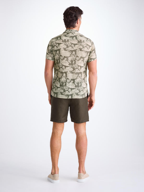 Derek Rose Men's Short Sleeve Shirt Milan 26 Linen Khaki Khaki