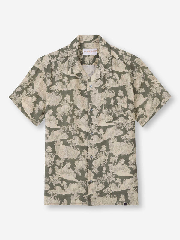 derek rose Men's Short Sleeve Shirt Milan 26 Linen Khaki Khaki