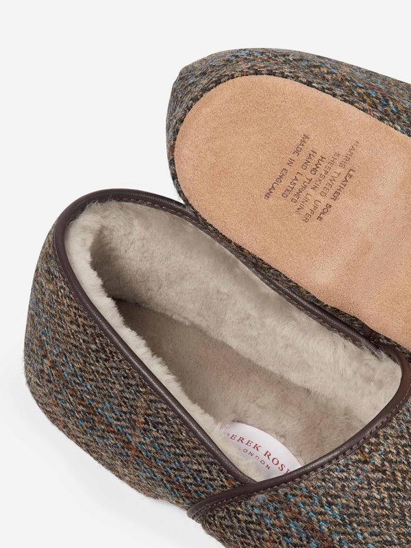 Derek Rose Men's Slippers Crawford 2 Harris Tweed Sheepskin Beige Beige