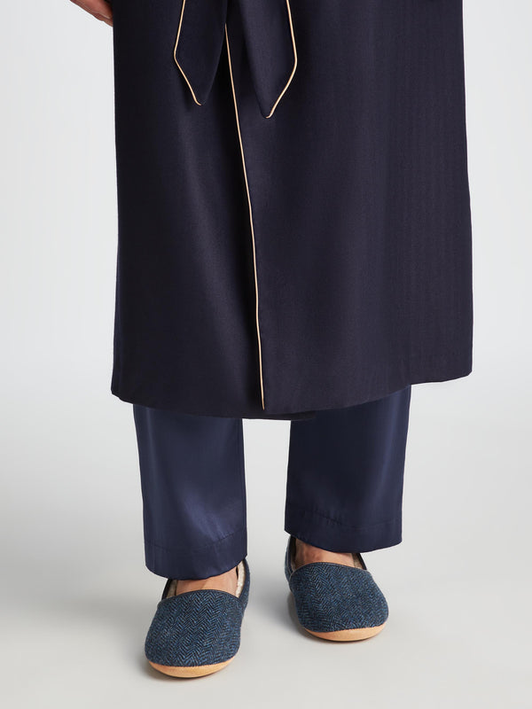 Derek Rose Men's Slippers Crawford 2 Harris Tweed Sheepskin Navy Navy