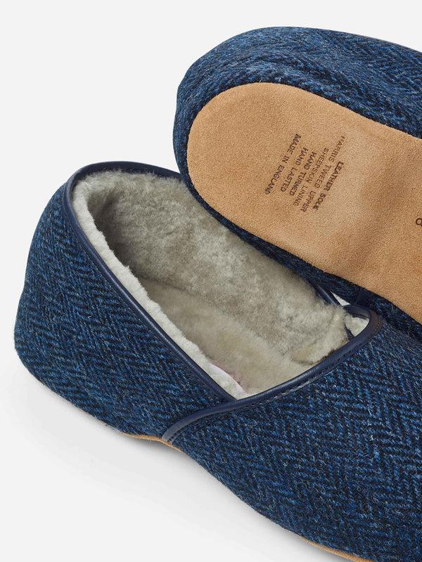 Derek Rose Men's Slippers Crawford 2 Harris Tweed Sheepskin Navy Navy