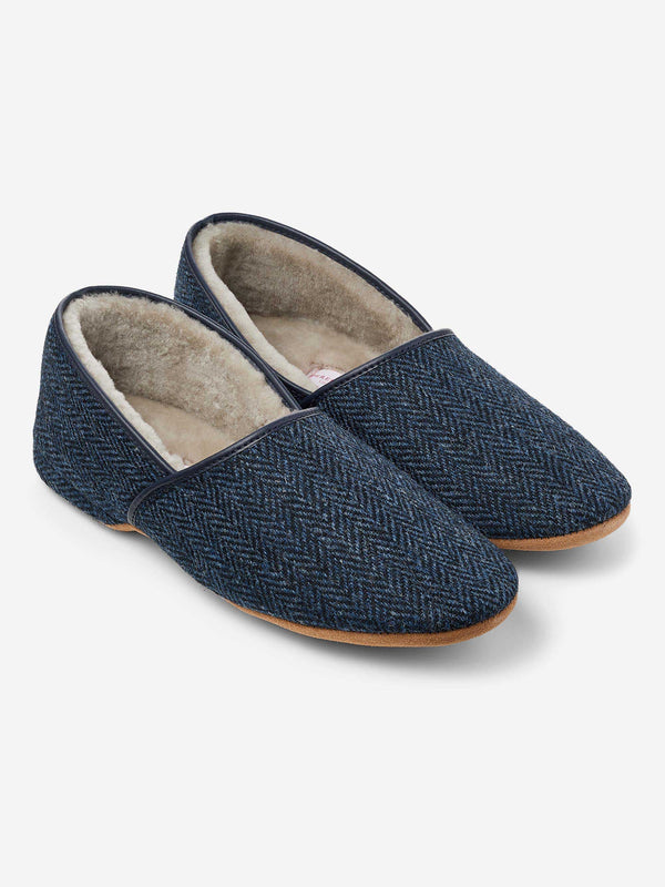 derek rose Men's Slippers Crawford 2 Harris Tweed Sheepskin Navy Navy