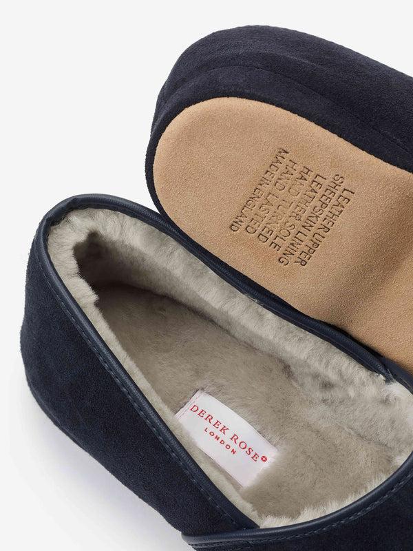 Derek Rose Men's Slippers Crawford Suede Sheepskin Navy Navy
