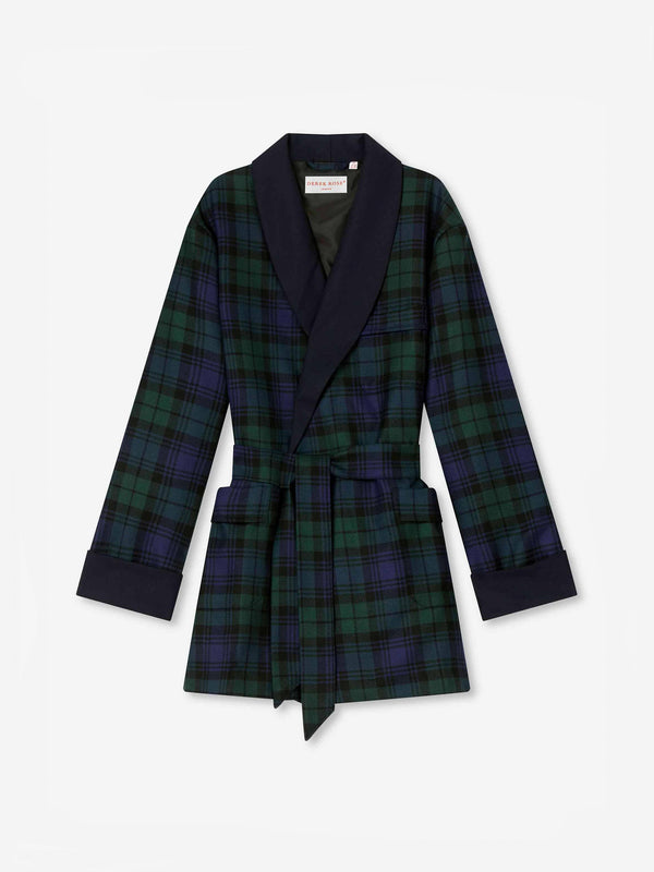 derek rose Men's Smoking Jacket Tartan Wool Black Watch Navy Navy