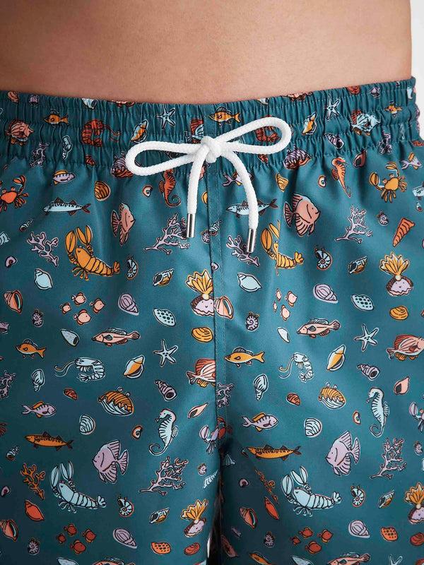 Derek Rose Men's Swim Shorts Blue Sea Friends Print Mid Blue