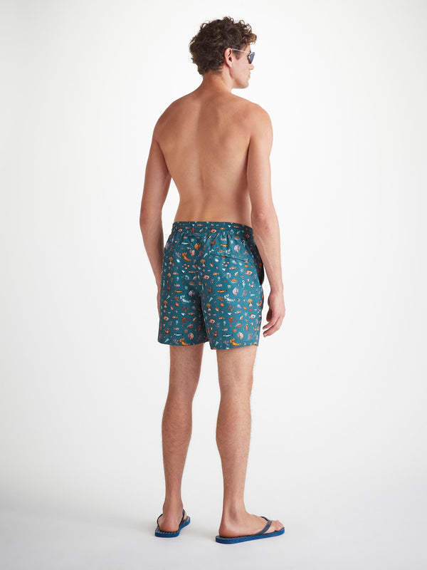 Derek Rose Men's Swim Shorts Blue Sea Friends Print Mid Blue