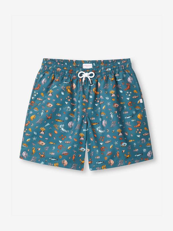 derek rose Men's Swim Shorts Blue Sea Friends Print Mid Blue