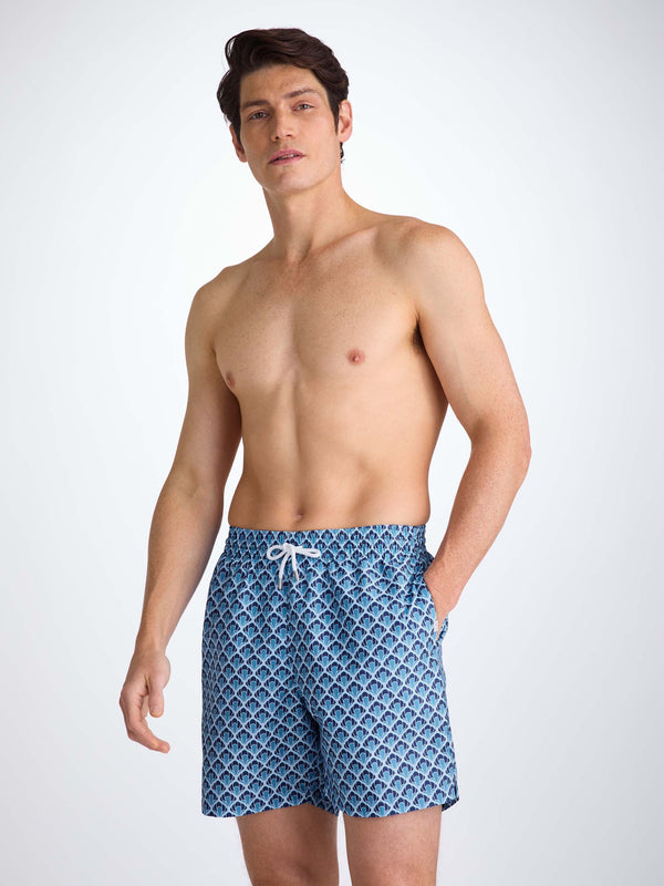 Derek Rose Men's Swim Shorts Mid Blue Scalloped Leaf Print Mid Blue