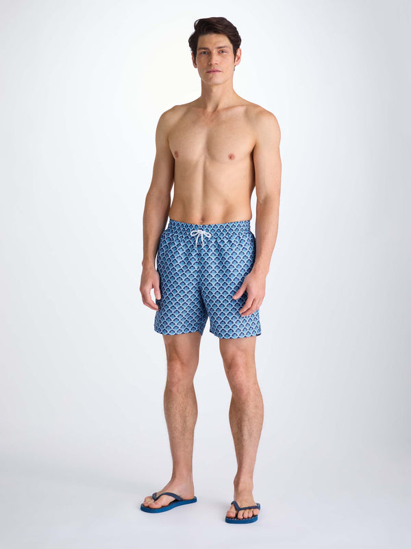 Derek Rose Men's Swim Shorts Mid Blue Scalloped Leaf Print Mid Blue