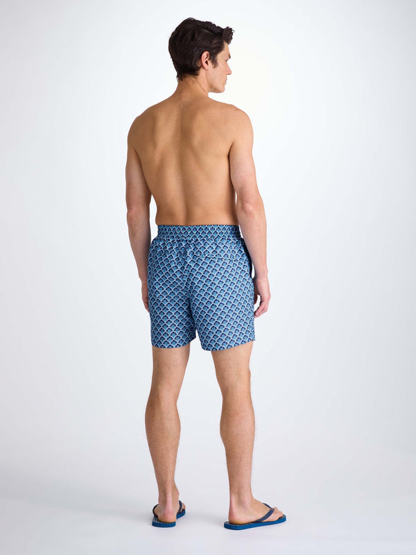 Derek Rose Men's Swim Shorts Mid Blue Scalloped Leaf Print Mid Blue