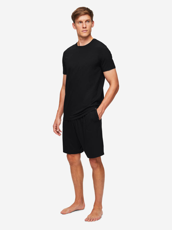 derek rose Men's T-Shirt and Lounge Shorts Set Basel Micro Modal Stretch Black Black
