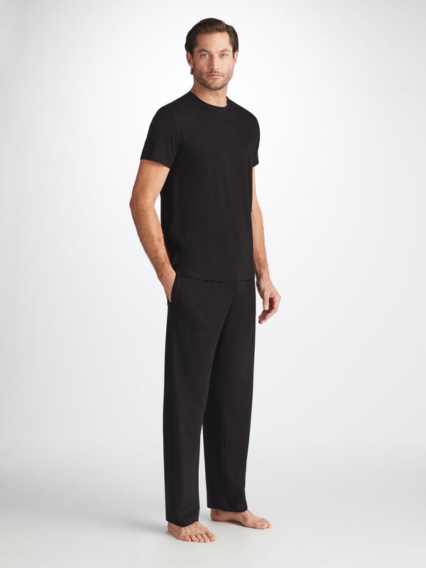 derek rose Men's T-Shirt and Lounge Trousers Set Basel Micro Modal Stretch Black Black