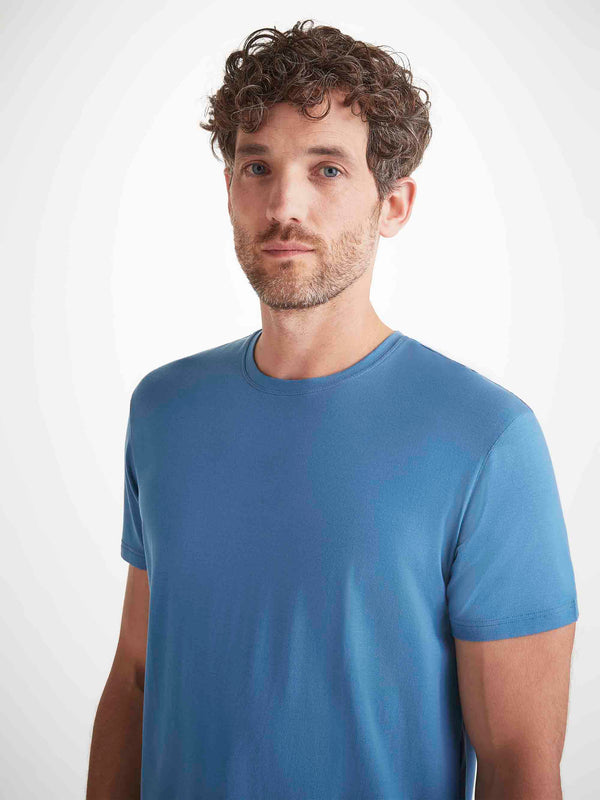 Derek Rose Men's T-Shirt And Lounge Trousers Set Basel Micro Modal Stretch Steel Blue Steel Blue