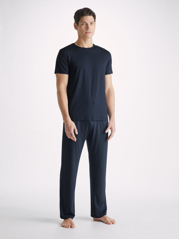 derek rose Men's T-Shirt and Lounge Trousers Set Basel Micro Modal Stretch Navy Navy
