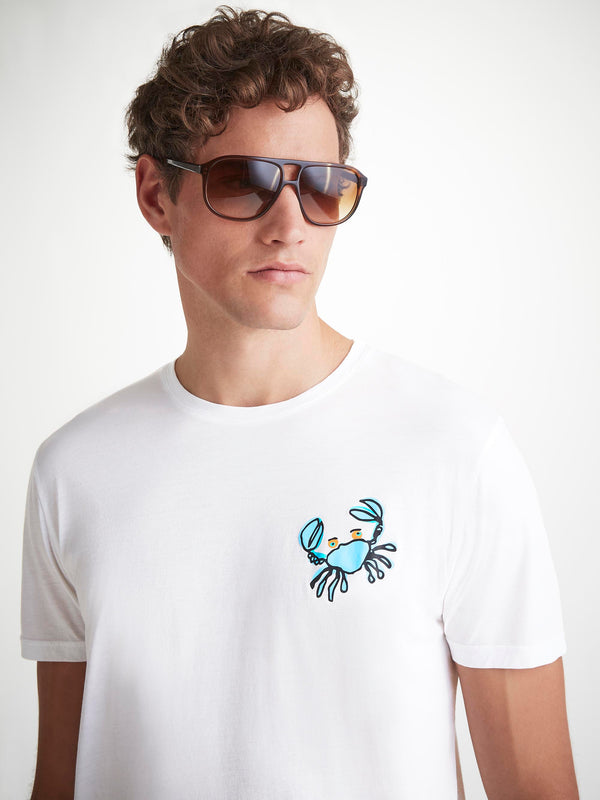 Derek Rose Men's T-Shirt Pima Cotton White Crab Motif Print White