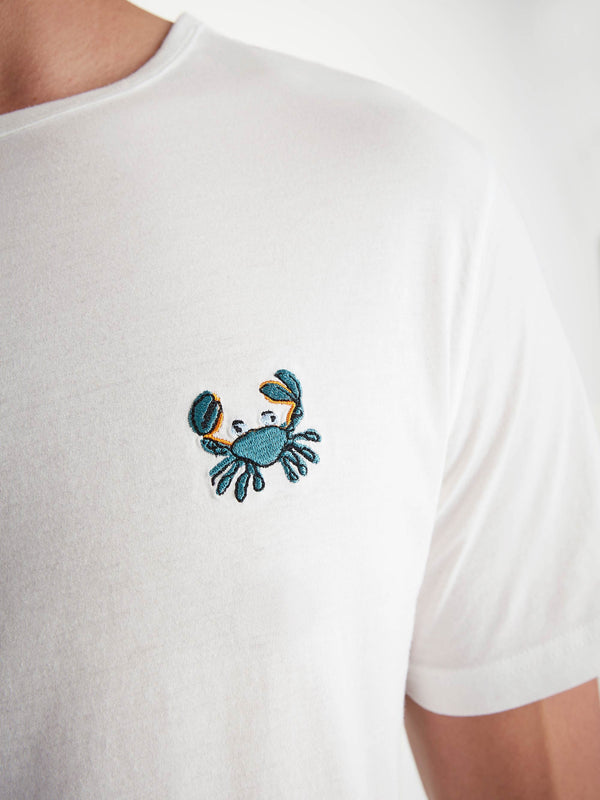 Derek Rose Men's T-Shirt Pima Cotton White Embroidered Rory Crab White