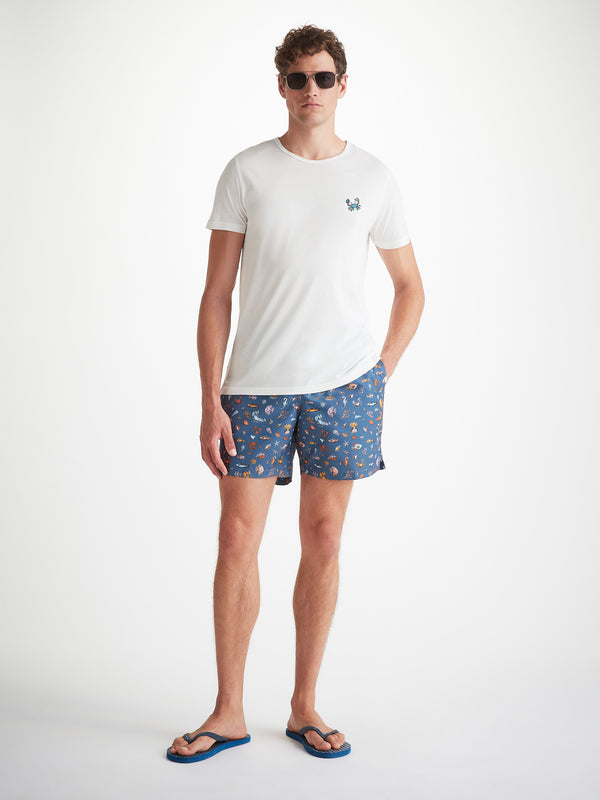 Derek Rose Men's T-Shirt Pima Cotton White Embroidered Rory Crab White