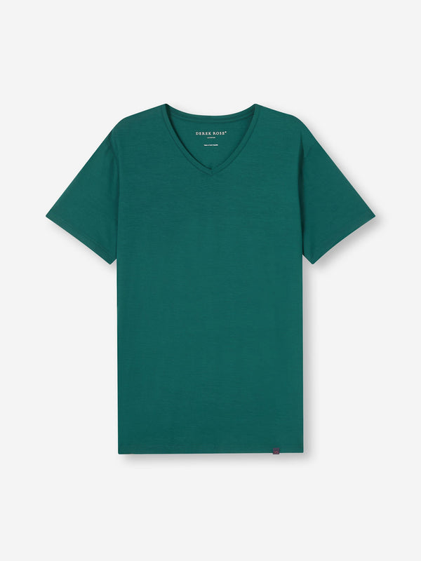 derek rose Men's V-Neck T-Shirt Basel Micro Modal Stretch Pine Green Pine Green