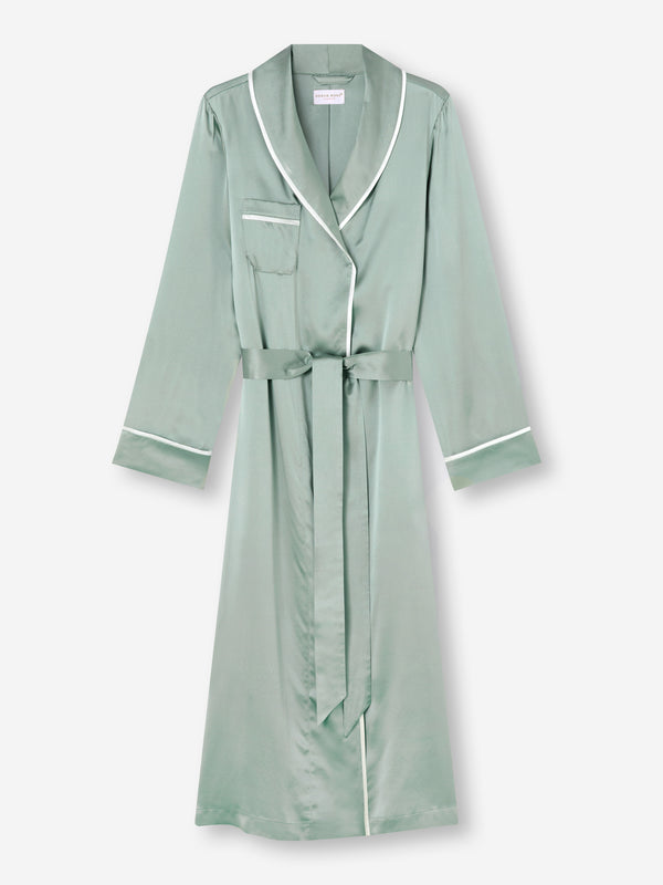 Derek Rose Women's Long Robe Bailey Silk Satin Green Sage Green