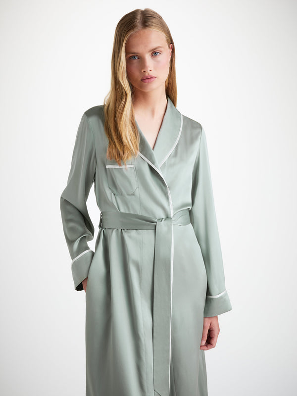 Derek Rose Women's Long Robe Bailey Silk Satin Green Sage Green