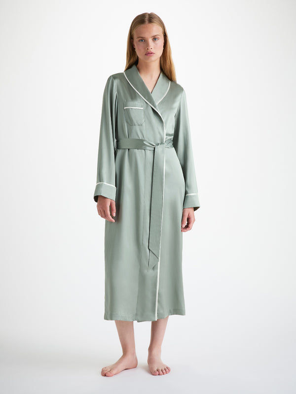 derek rose Women's Long Robe Bailey Silk Satin Green Sage Green