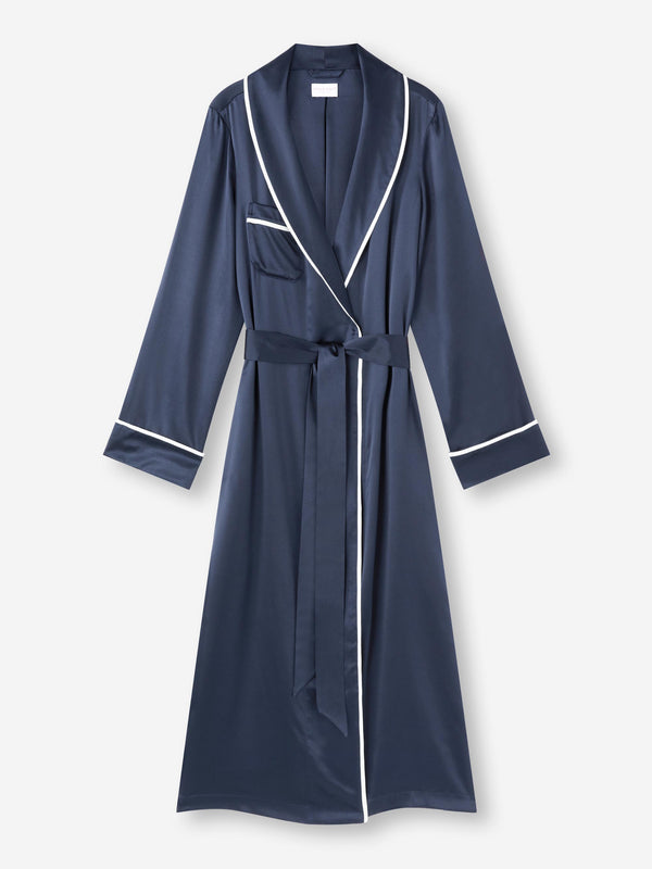 Derek Rose Women's Long Robe Bailey Silk Satin Navy Navy