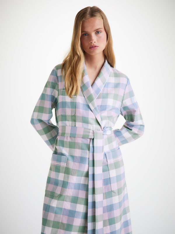 Derek Rose Women's Long Robe Kelburn 45 Brushed Cotton Green Sage Green
