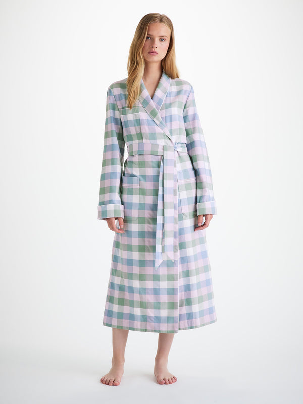 derek rose Women's Long Robe Kelburn 45 Brushed Cotton Green Sage Green