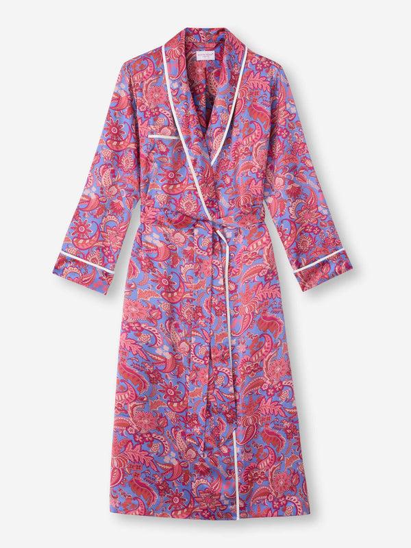 Derek Rose Women's Long Robe Silk Satin Amethyst Jungle Paisley Pattern Amethyst