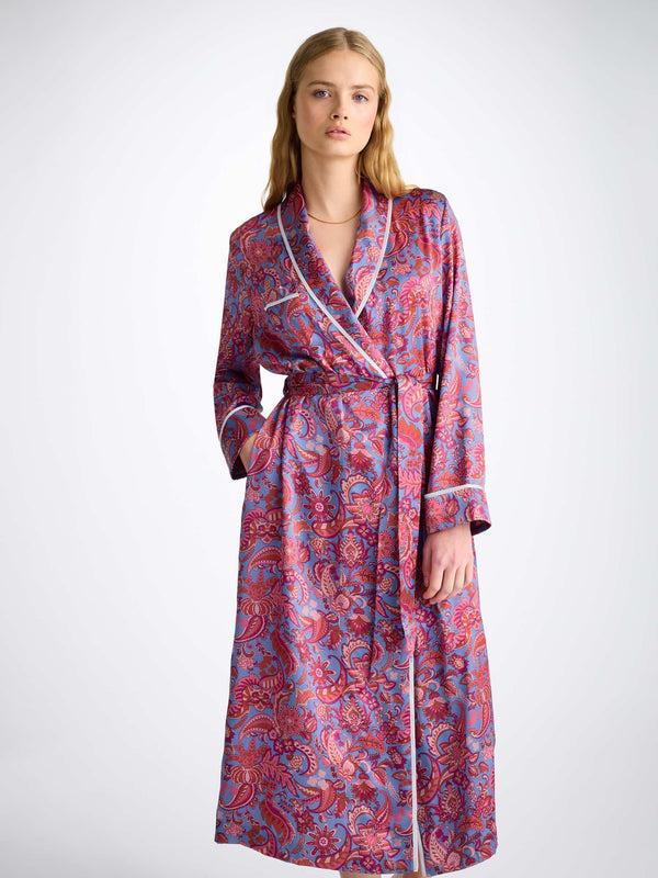 Derek Rose Women's Long Robe Silk Satin Amethyst Jungle Paisley Pattern Amethyst