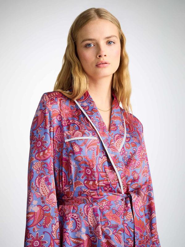 derek rose Women's Long Robe Silk Satin Amethyst Jungle Paisley Pattern Amethyst