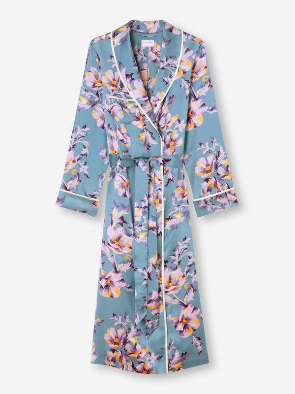 Derek Rose Women's Long Robe Silk Satin Blue Wildflower Pattern Mid Blue