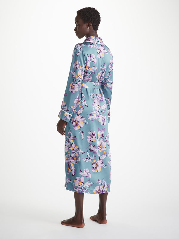 Derek Rose Women's Long Robe Silk Satin Blue Wildflower Pattern Mid Blue