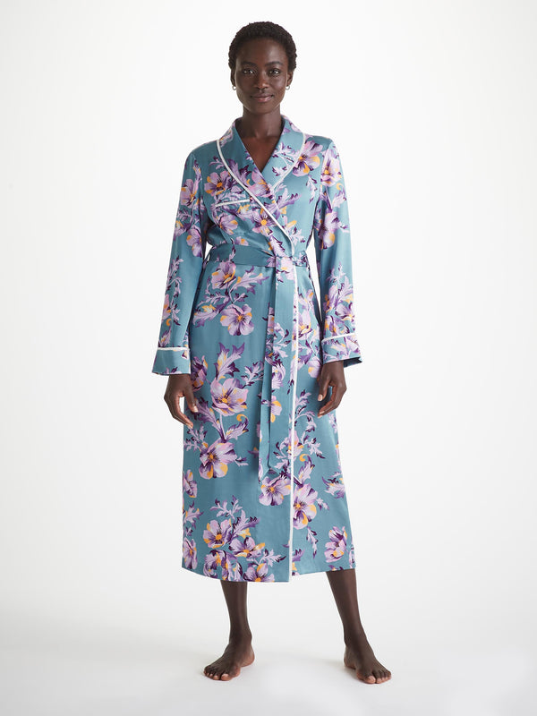 derek rose Women's Long Robe Silk Satin Blue Wildflower Pattern Mid Blue