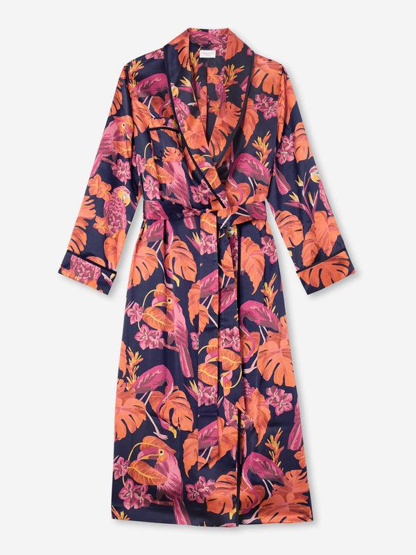 Derek Rose Women's Long Robe Silk Satin Navy Jungle Birds Pattern Navy